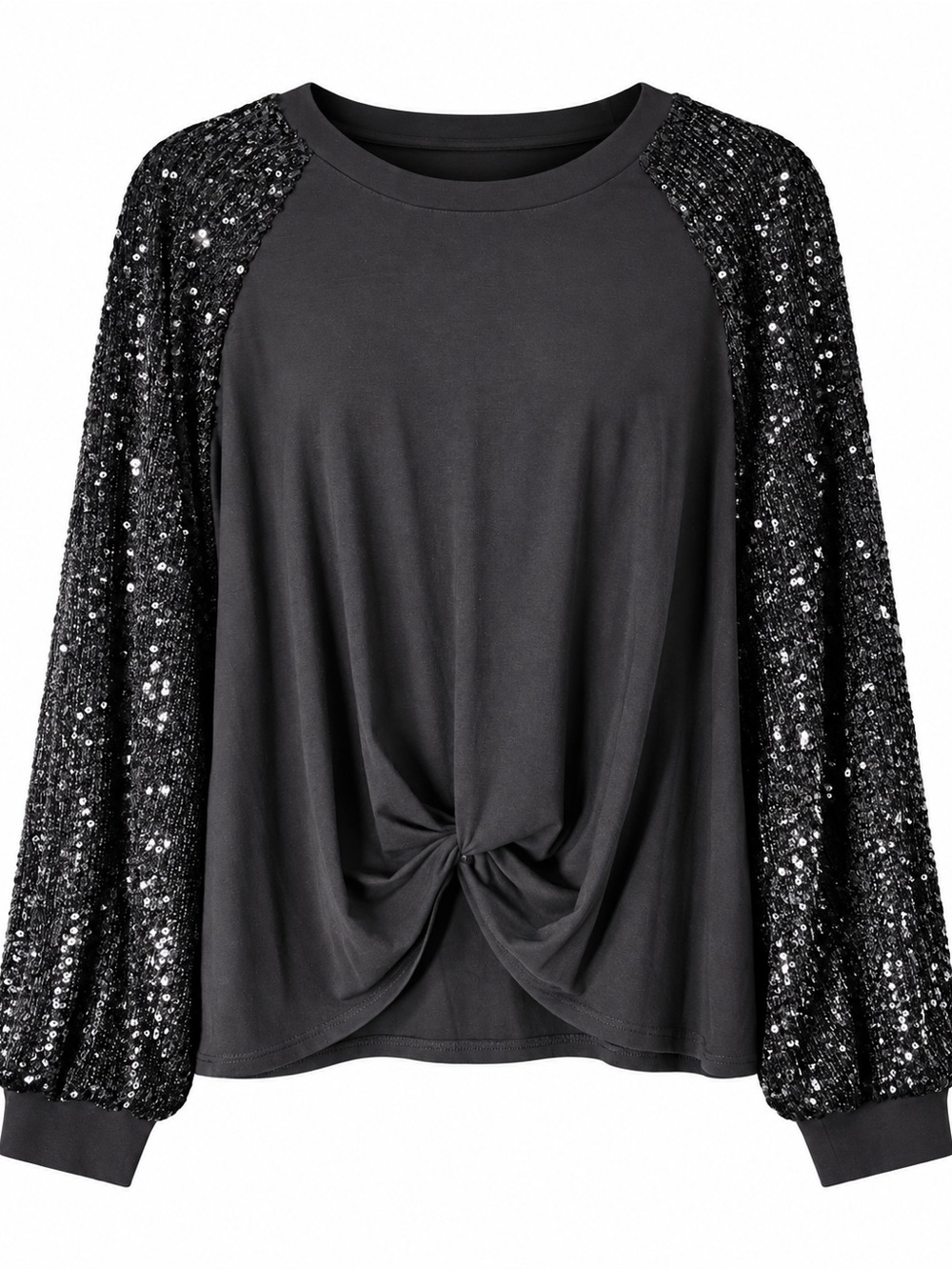 Karen Kane Black Sequin Raglan Sleeve Knot Front Top